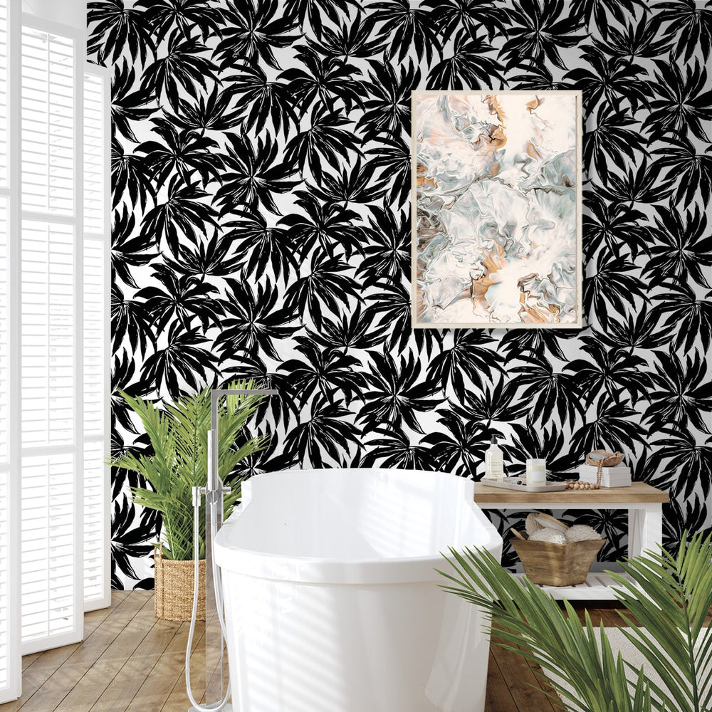 DBW9111 palm leaf wallpaper bathroom from the West Boulevard collection by Daisy Bennett Designs