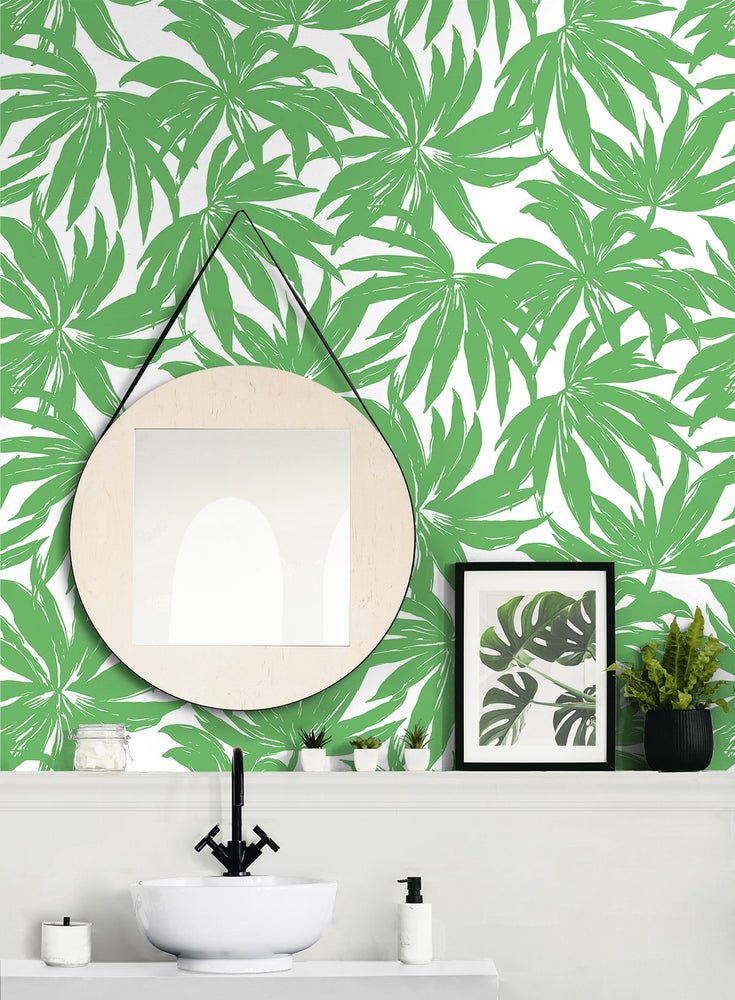 DBW9112 palm leaf wallpaper bathroom from the West Boulevard collection by Daisy Bennett Designs
