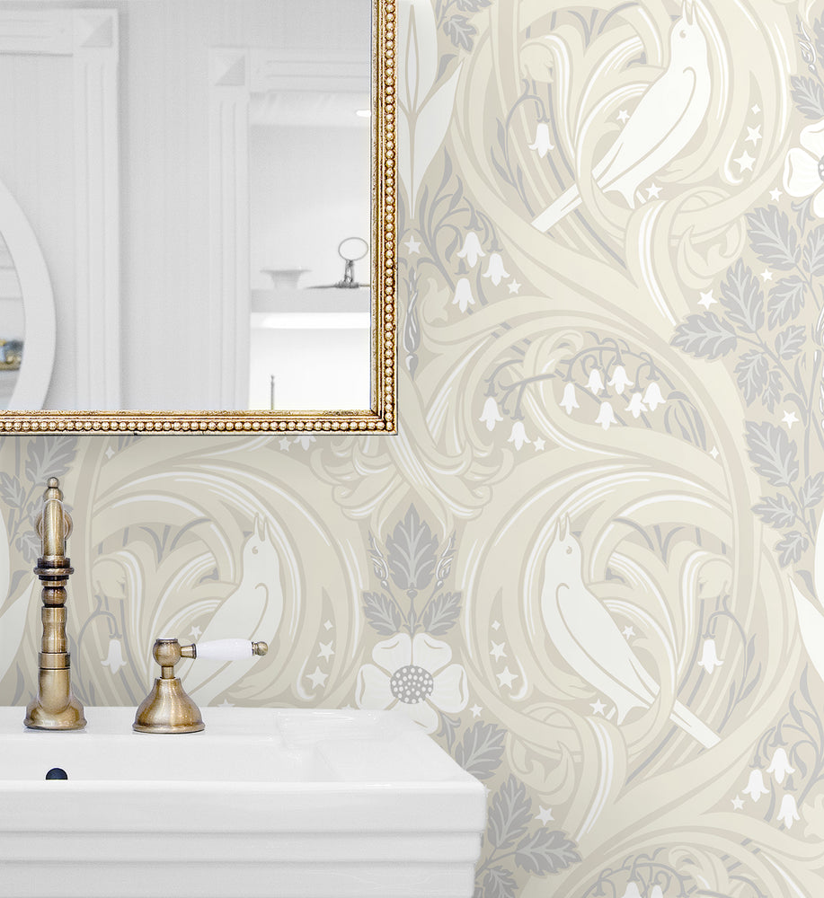 Bird ogee vintage wallpaper bathroom ET12205 from the Victorian Garden collection by Seabrook Designs