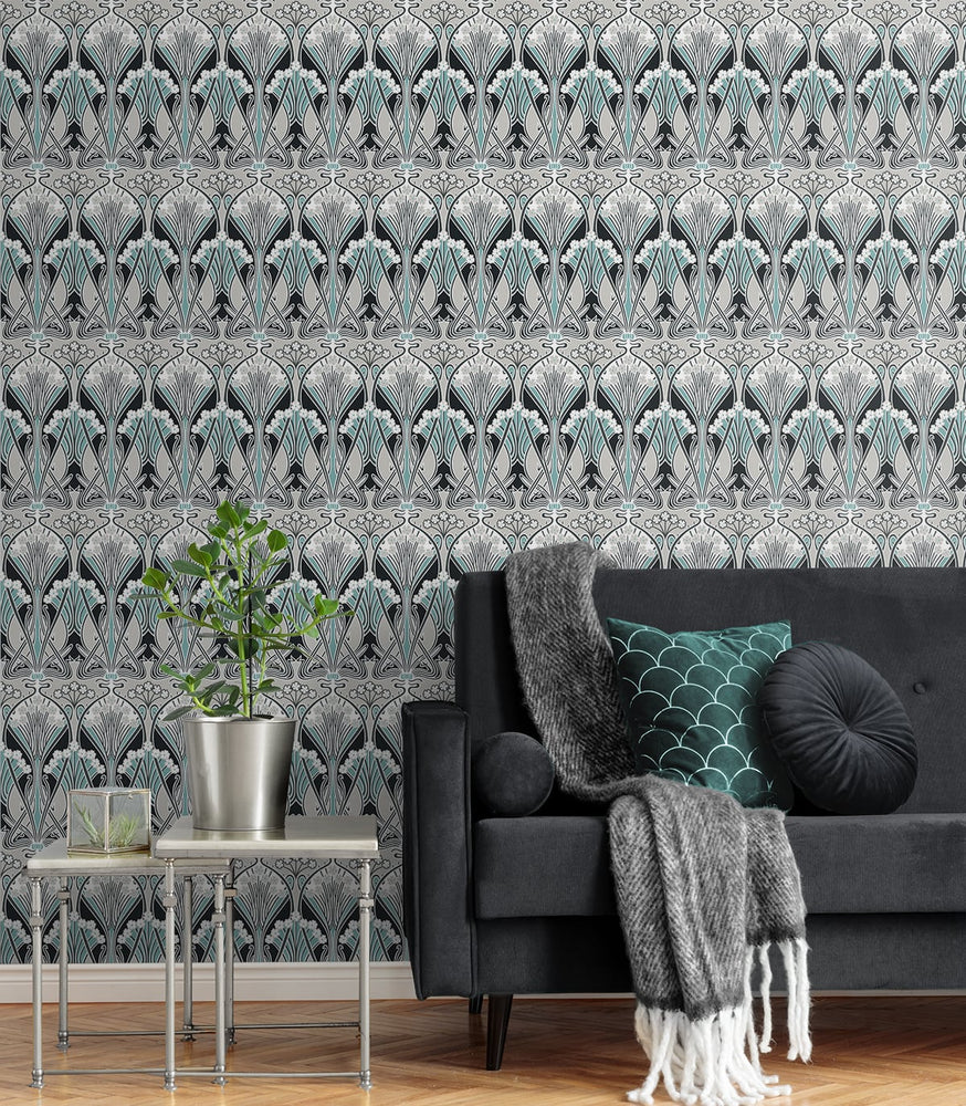 Vintage damask wallpaper living room ET12404 from the Victorian Garden collection by Seabrook Designs