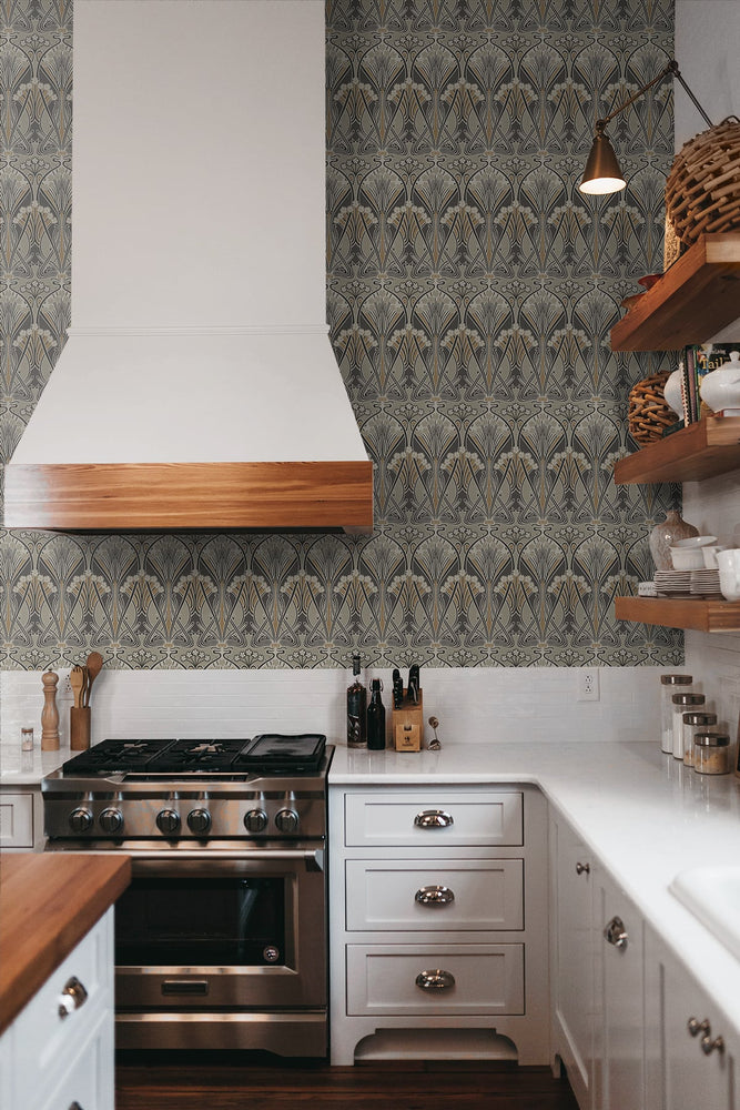 Vintage damask wallpaper kitchen ET12406 from the Victorian Garden collection by Seabrook Designs