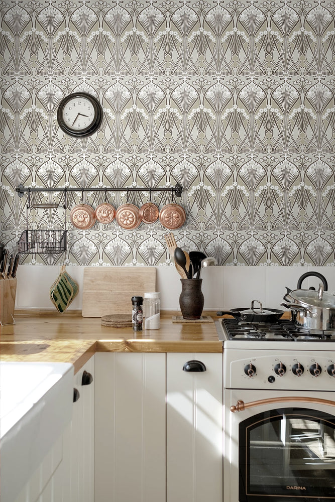 Vintage damask wallpaper kitchen ET12416 from the Victorian Garden collection by Seabrook Designs