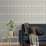 Vintage damask wallpaper living room ET12424 from the Victorian Garden collection by Seabrook Designs