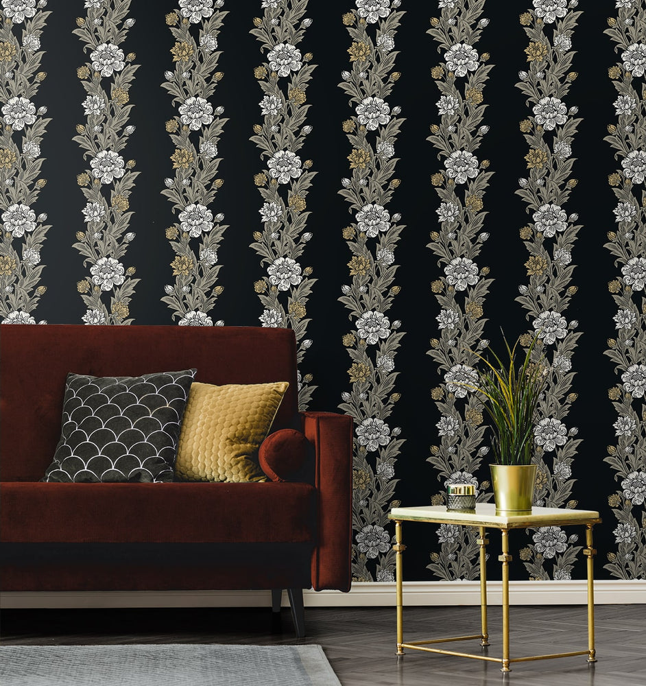 ET12700 floral stripe wallpaper living room from the Legacy Prints collection by Etten Studios