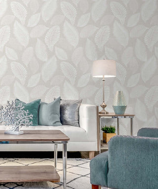 EW10000 tossed leaves botanical wallpaper living room from the White Heron collection by Etten Studios