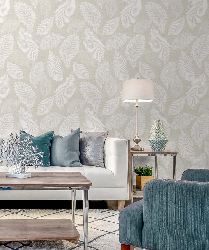 EW10005 tossed leaves botanical wallpaper living room from the White Heron collection by Etten Studios