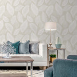 EW10005 tossed leaves botanical wallpaper living room from the White Heron collection by Etten Studios