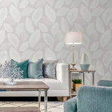 EW10007 tossed leaves botanical wallpaper living room from the White Heron collection by Etten Studios