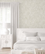 EW10205 branch botanical wallpaper bedroom from the White Heron collection by Etten Studios