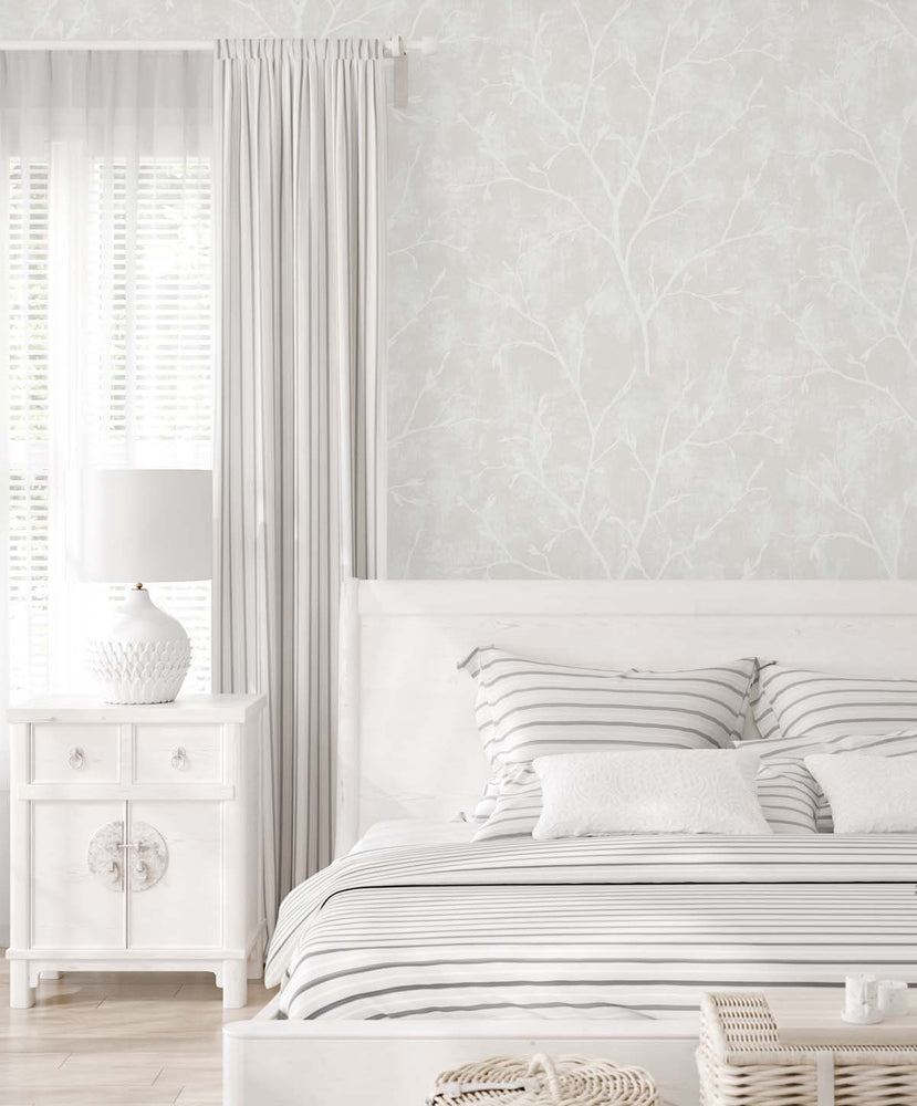 EW10208 branch botanical wallpaper bedroom from the White Heron collection by Etten Studios