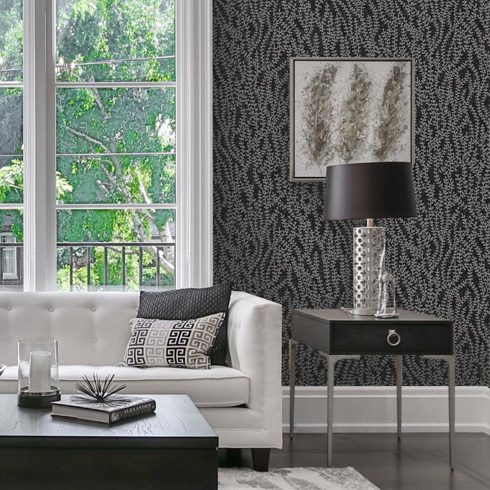
                  
                    EW10600 botanical beaded wallpaper living room from the White Heron collection by Etten Studios
                  
                