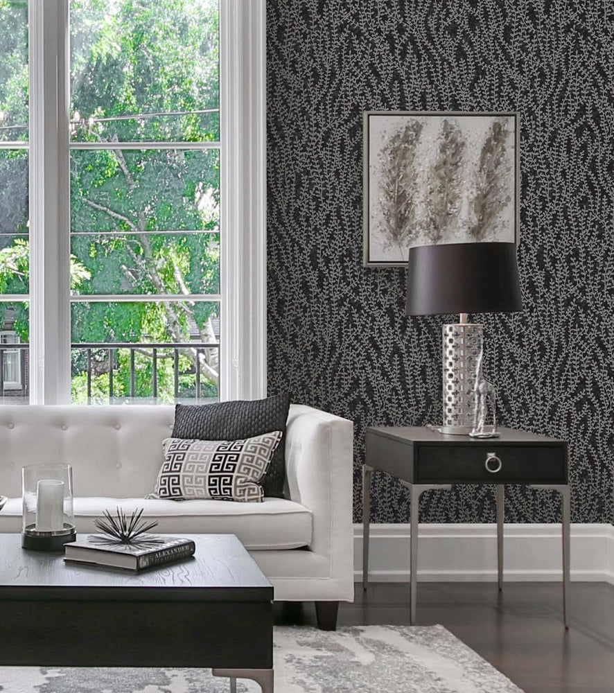 EW10600 botanical beaded wallpaper living room from the White Heron collection by Etten Studios