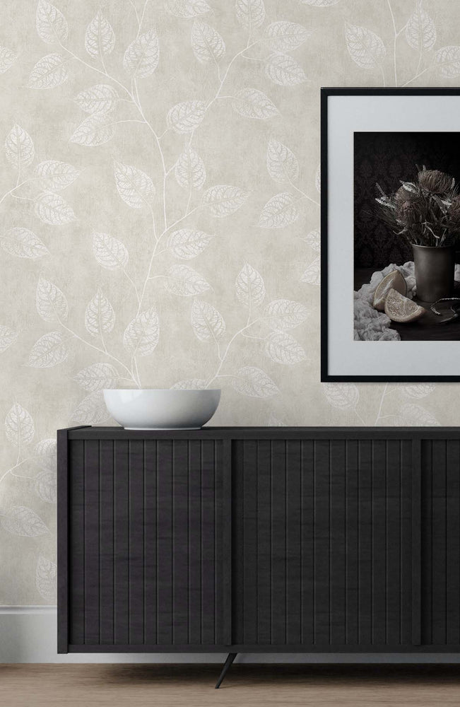 EW10800 leaf botanical wallpaper living room  from the White Heron collection by Etten Studios