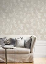 EW10807 leaf botanical wallpaper living room from the White Heron collection by Etten Studios
