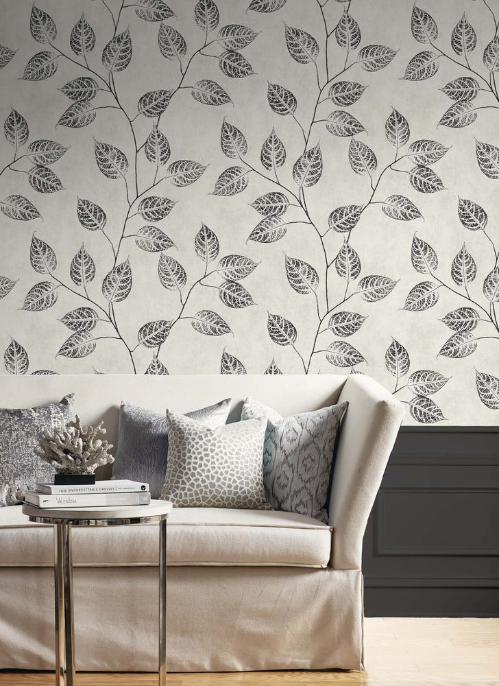 EW10820 leaf botanical wallpaper living room from the White Heron collection by Etten Studios