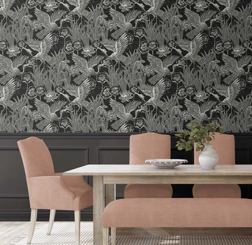 EW11000 crane wallpaper dining room from the White Heron collection by Etten Studios