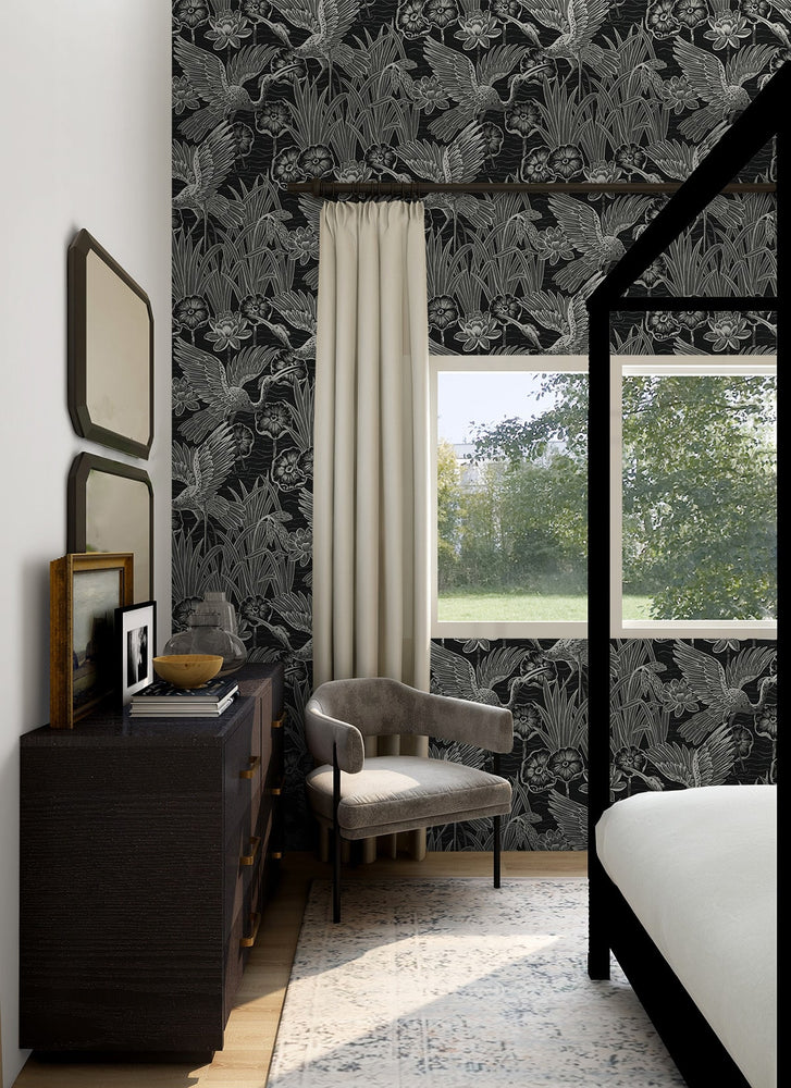 EW11000 crane wallpaper bedroom from the White Heron collection by Etten Studios