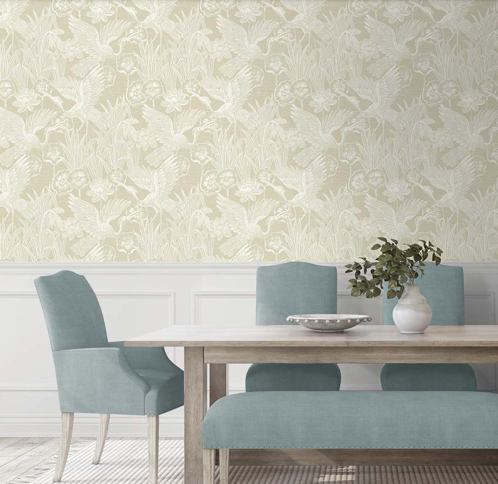 EW11005 crane wallpaper dining room from the White Heron collection by Etten Studios