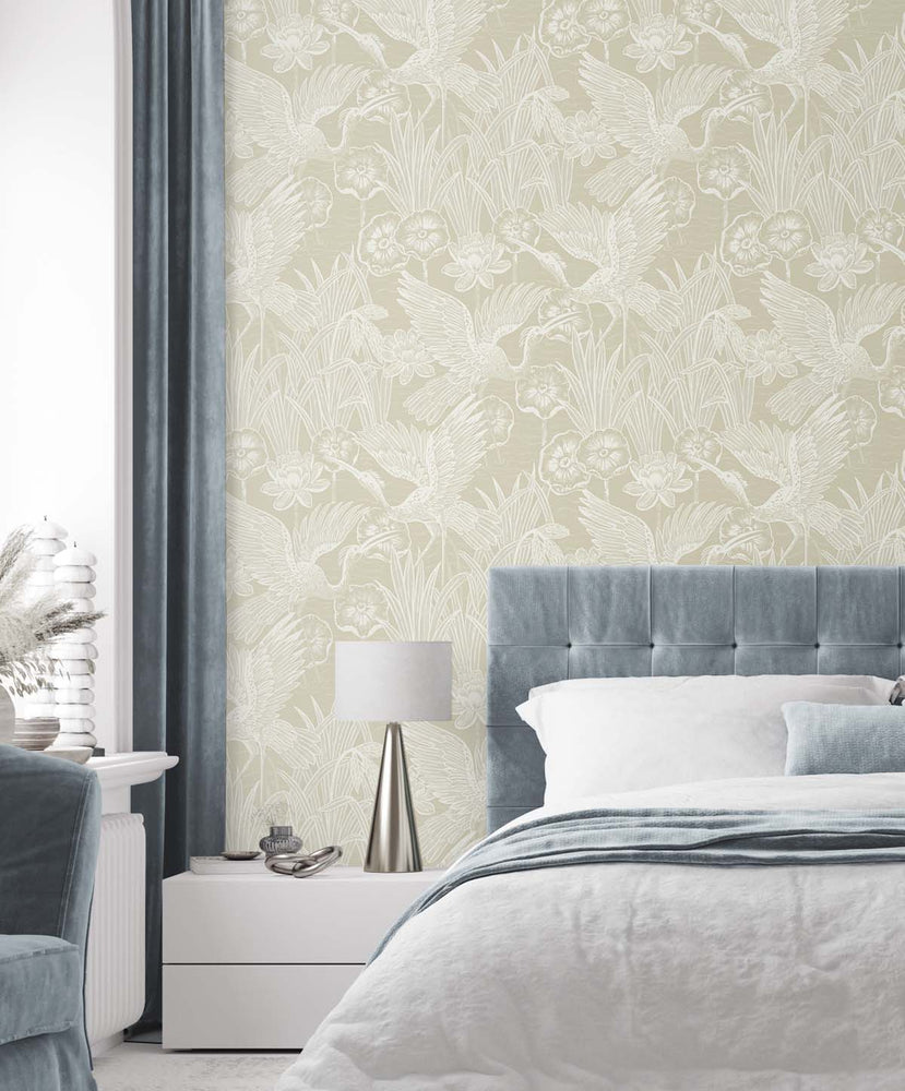 EW11005 crane wallpaper bedroom from the White Heron collection by Etten Studios