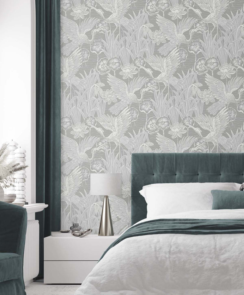 EW11008 crane wallpaper bedroom from the White Heron collection by Etten Studios