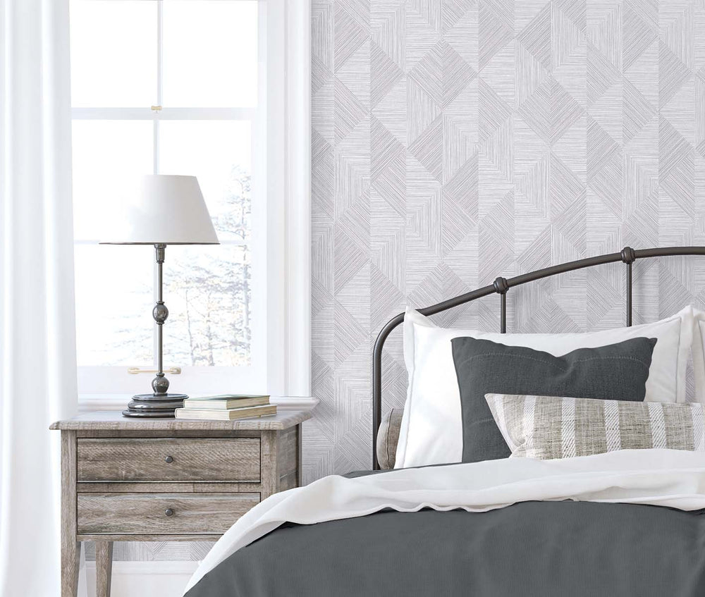 EW11708 geometric textured vinyl wallpaper bedroom from the White Heron collection by Etten Studios