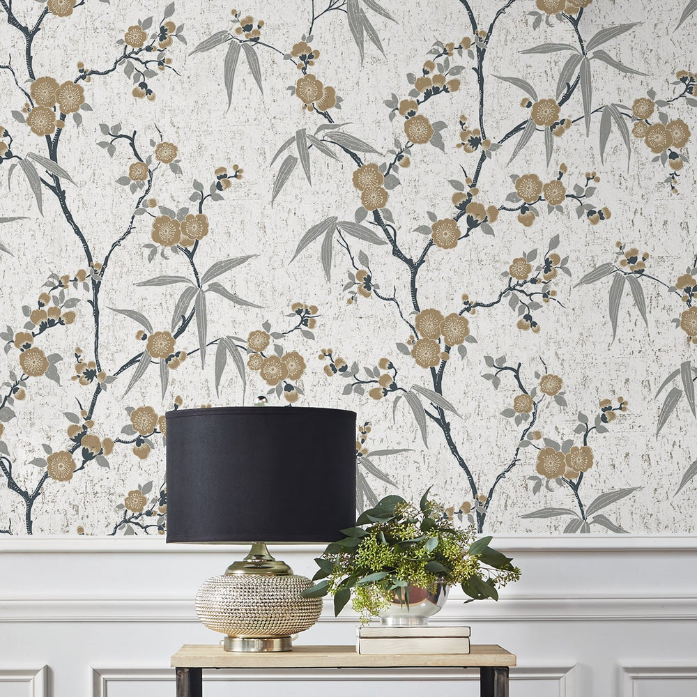 EW11905 cork floral wallpaper living room from the White Heron collection by Etten Studios