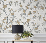 EW11905 cork floral wallpaper living room from the White Heron collection by Etten Studios