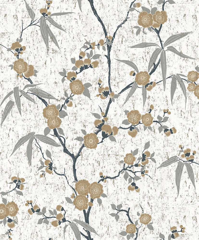 White Heron Floral Blossom Floral Cork Unpasted Wallpaper