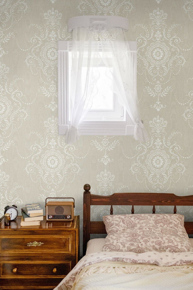 FC60300 damask wallpaper bedroom from the French Country collection by Seabrook Designs