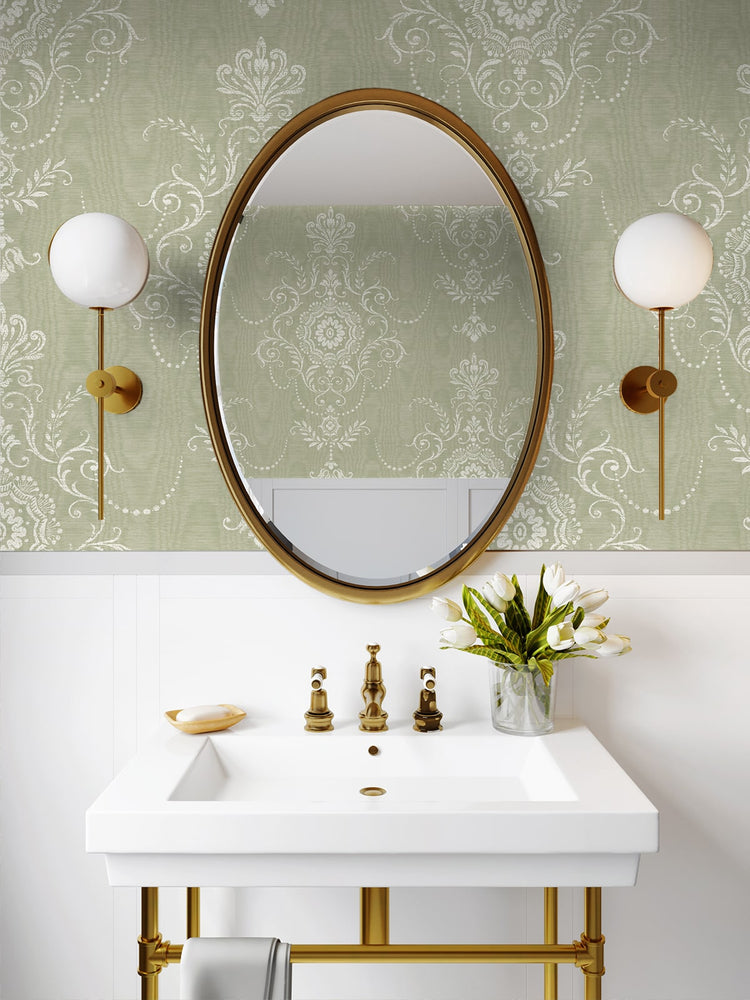 FC60304 damask wallpaper bathroom from the French Country collection by Seabrook Designs