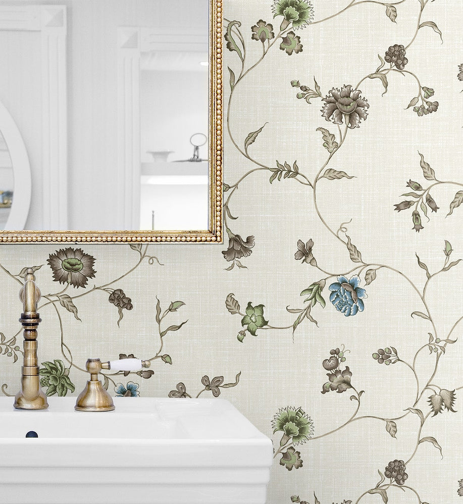 FC61006 floral trail wallpaper bathroom from the French Country collection by Seabrook Designs
