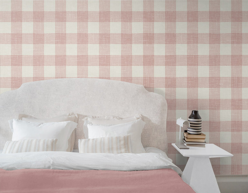 FC62301 gingham plaid wallpaper bedroom from the French Country collection by Seabrook Designs