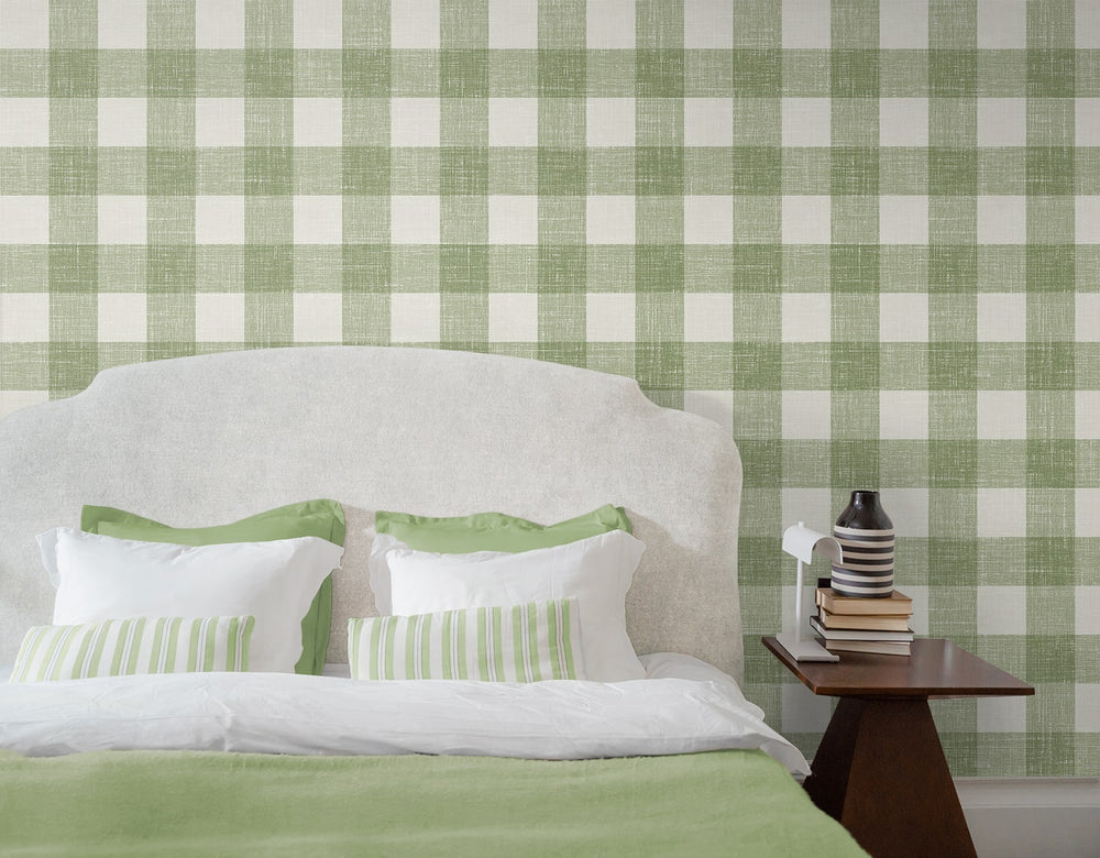 FC62304 gingham plaid wallpaper bedroom from the French Country collection by Seabrook Designs