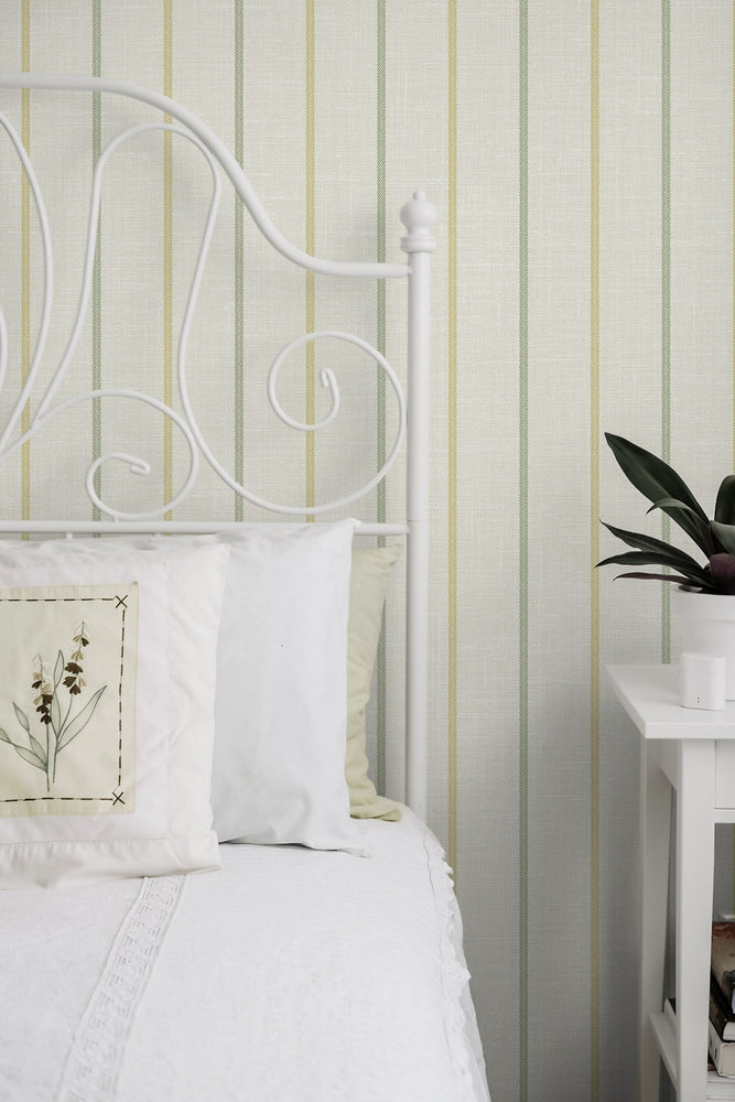 FC62504 striped wallpaper bedroom from the French Country collection by Seabrook Designs