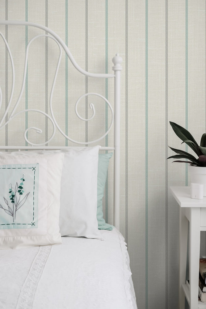 FC62508 striped wallpaper bedroom from the French Country collection by Seabrook Designs