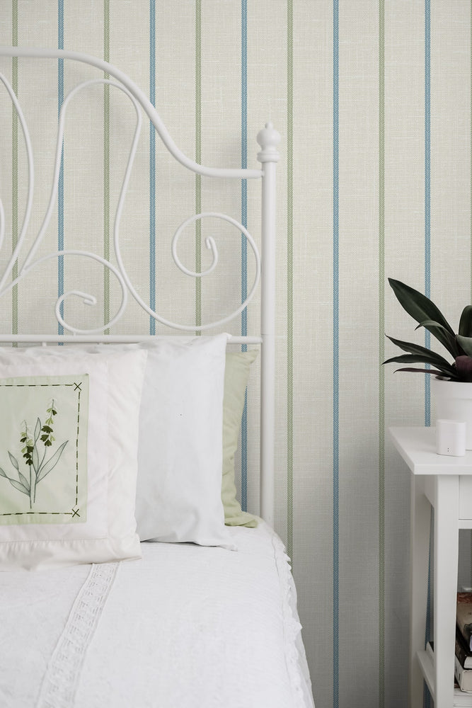 FC62512 striped wallpaper bedroom from the French Country collection by Seabrook Designs