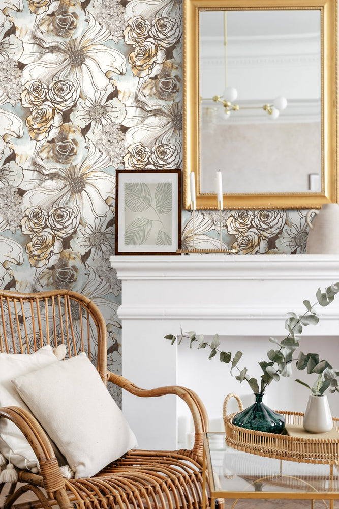 Abstract floral peel and stick wallpaper living room HG10106 from Harry & Grace