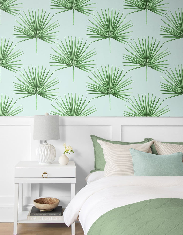 HG10404 palm leaf peel and stick wallpaper bedroom from Harry & Grace