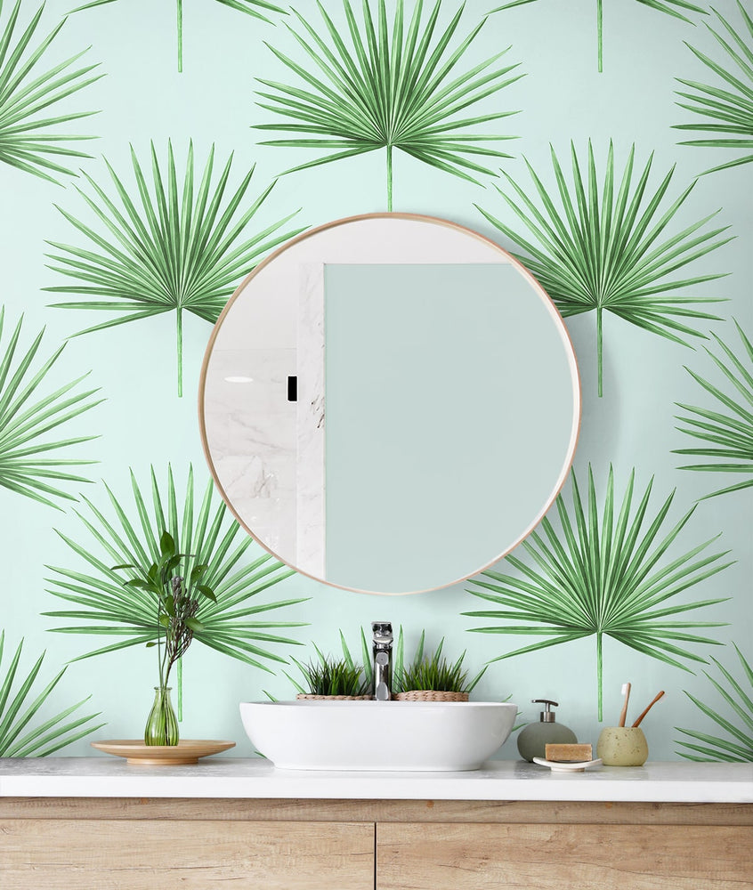 HG10404 palm leaf peel and stick wallpaper bathroom from Harry & Grace