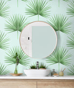 HG10404 palm leaf peel and stick wallpaper bathroom from Harry & Grace