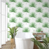 HG10414 palm leaf peel and stick wallpaper bathroom from Harry & Grace