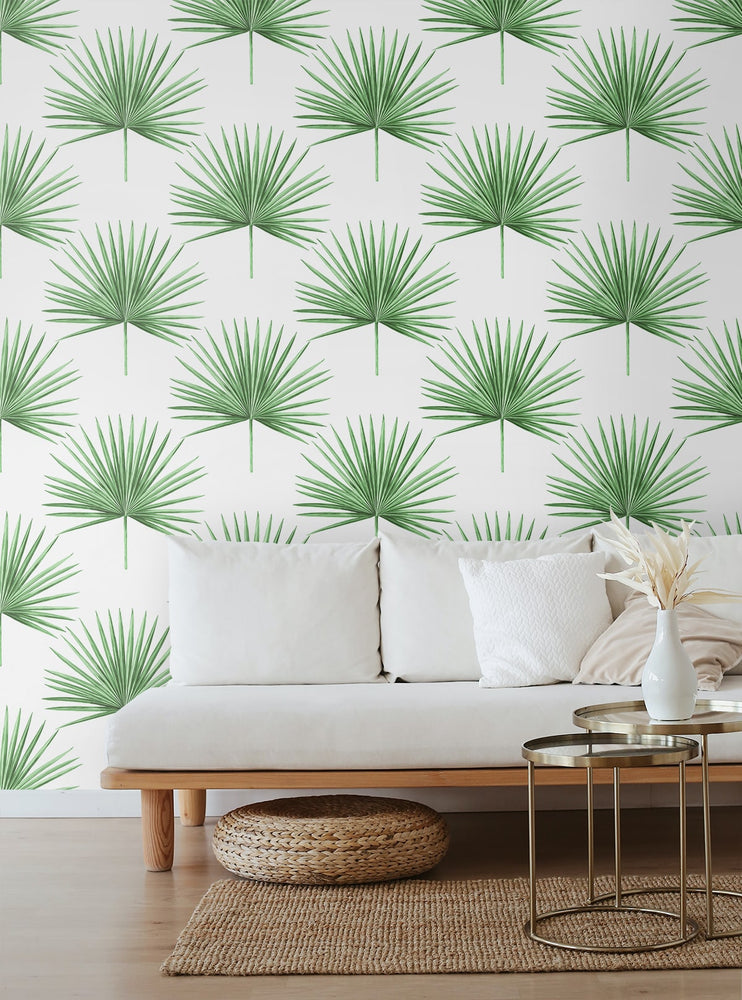 HG10414 palm leaf peel and stick wallpaper living room from Harry & Grace