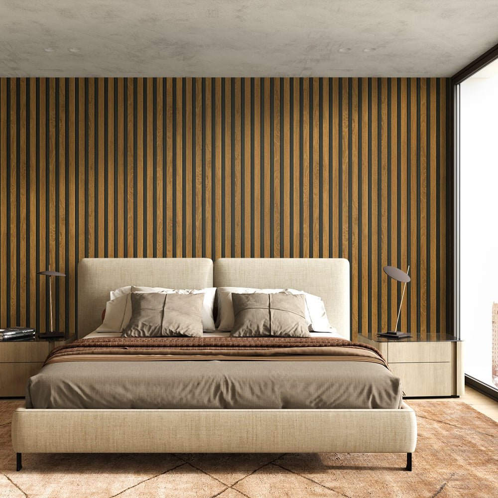 Faux wood slat wallpaper bedroom JP11103 from the Japandi Style collection by Seabrook Designs