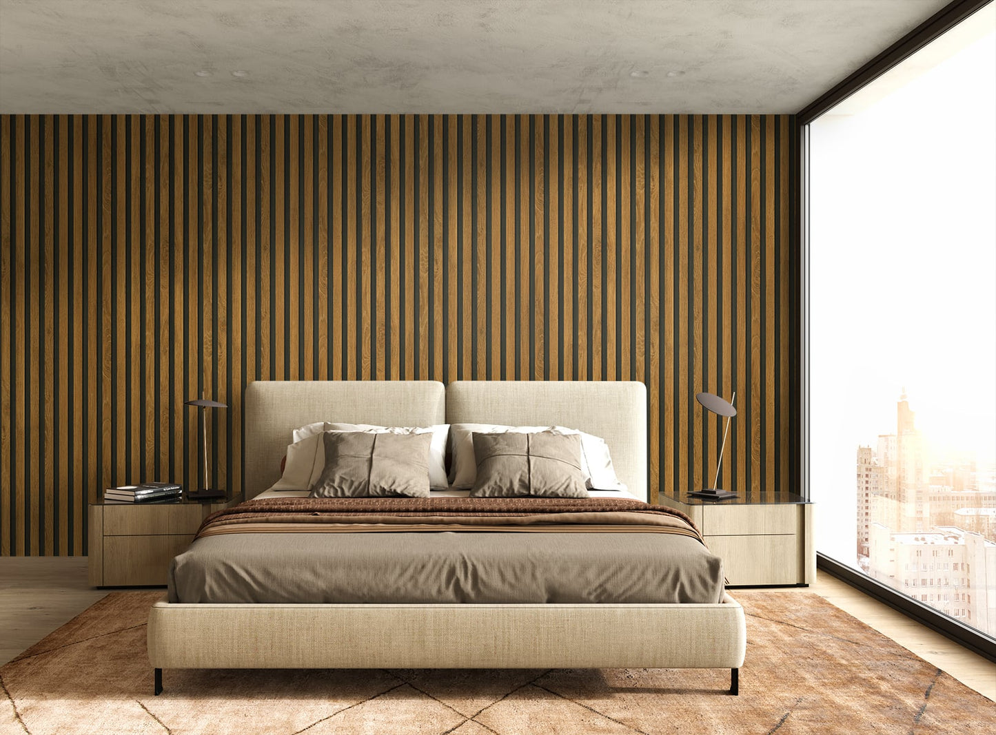 Faux wood slat wallpaper bedroom JP11103 from the Japandi Style collection by Seabrook Designs