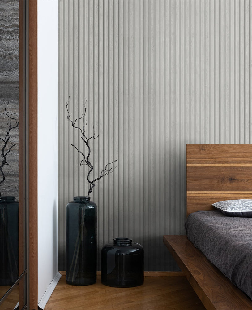 Faux wood slat wallpaper bedroom JP11110 from the Japandi Style collection by Seabrook Designs