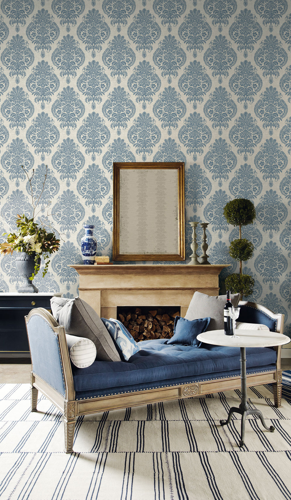 Lillian August Linen Check Blue Frost & Bone White Wallpaper