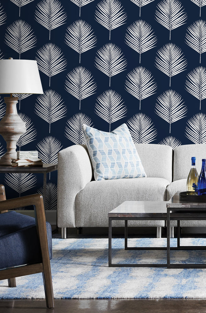 LN20032 Maui palm leaf peel and stick wallpaper living room from the Luxe Haven collection by Lillian August