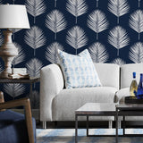 LN20032 Maui palm leaf peel and stick wallpaper living room from the Luxe Haven collection by Lillian August