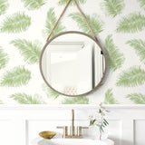 LN20304 tossed palm peel and stick removable wallpaper bathroom from the Luxe Haven collection by Lillian August