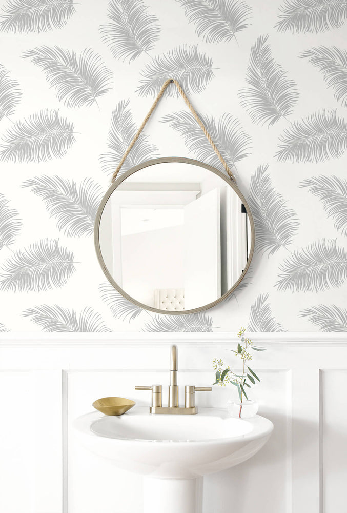 LN20305 tossed palm peel and stick removable wallpaper bathroom from the Luxe Haven collection by Lillian August